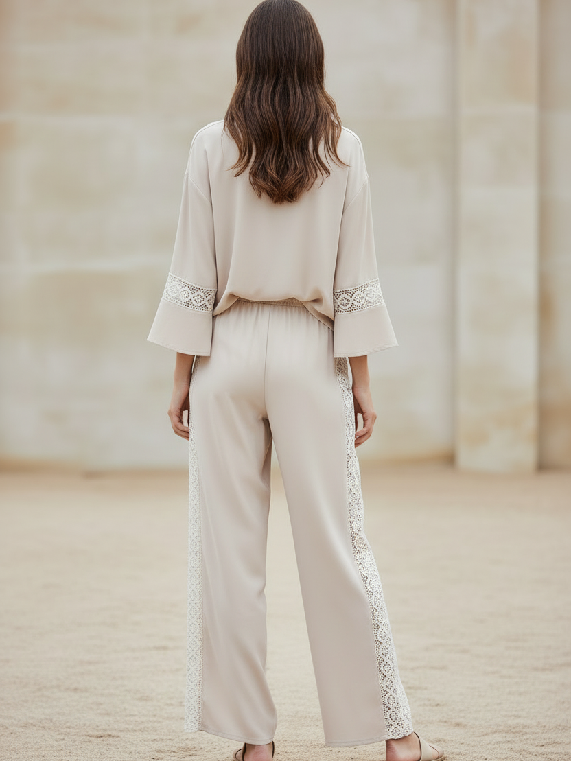 Lace Trim Relaxed Shirt & Wide-Leg Pants Set, beige 2-piece outfit with lace side panels on sale
