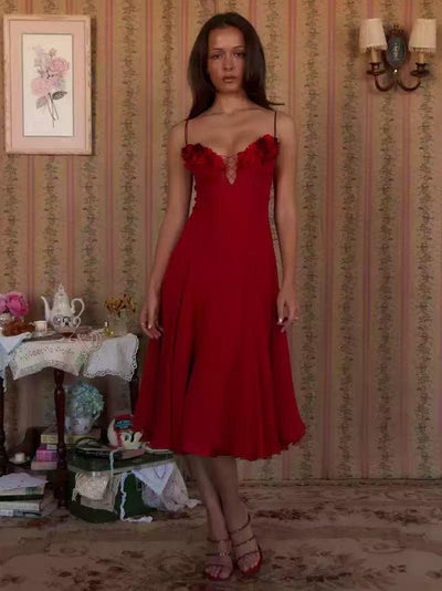 Rosette Lace-Up Midi Dress, red with lace rosette bodice and spaghetti straps