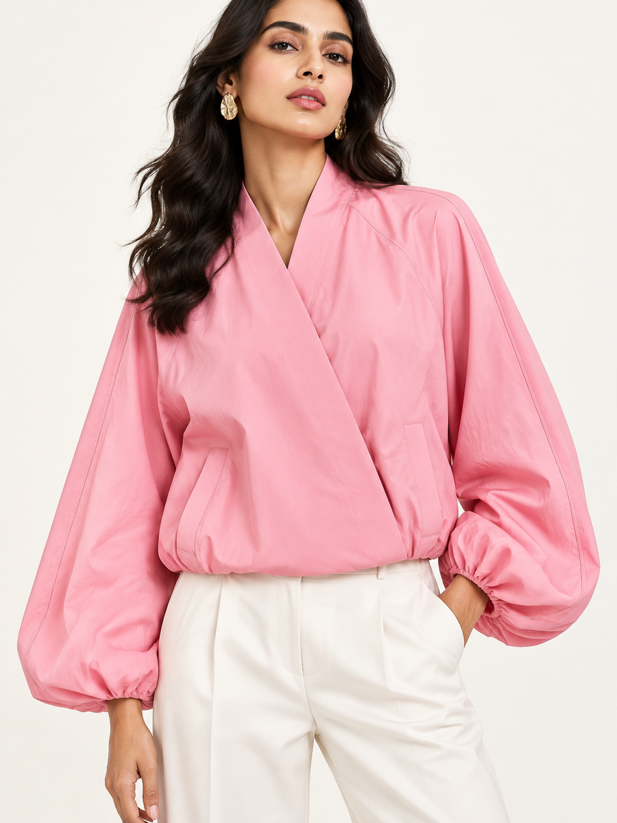 Balloon Sleeve Wrap Jacket by EXCLUSIVES; pink oversized wrap coat with balloon sleeves