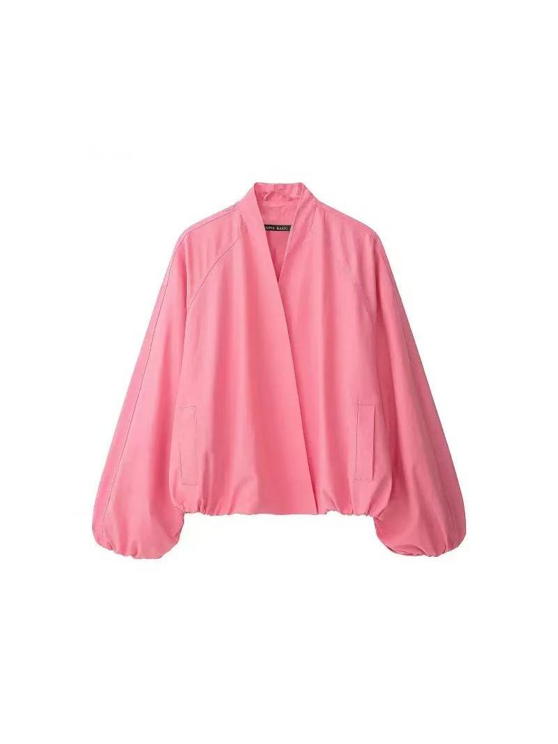 Balloon Sleeve Wrap Jacket by EXCLUSIVES in pink with front pockets and elastic hem.