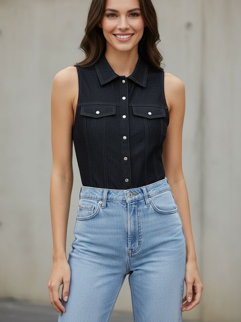 Denim button-down bodysuit vest in dark indigo, sleeveless with metal front buttons