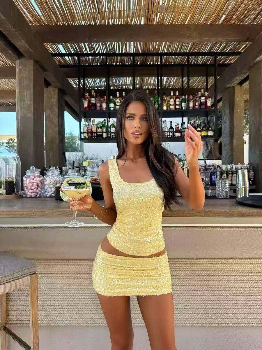 Sequin Beaded Tank Top Skirts Two-Piece Coord Set