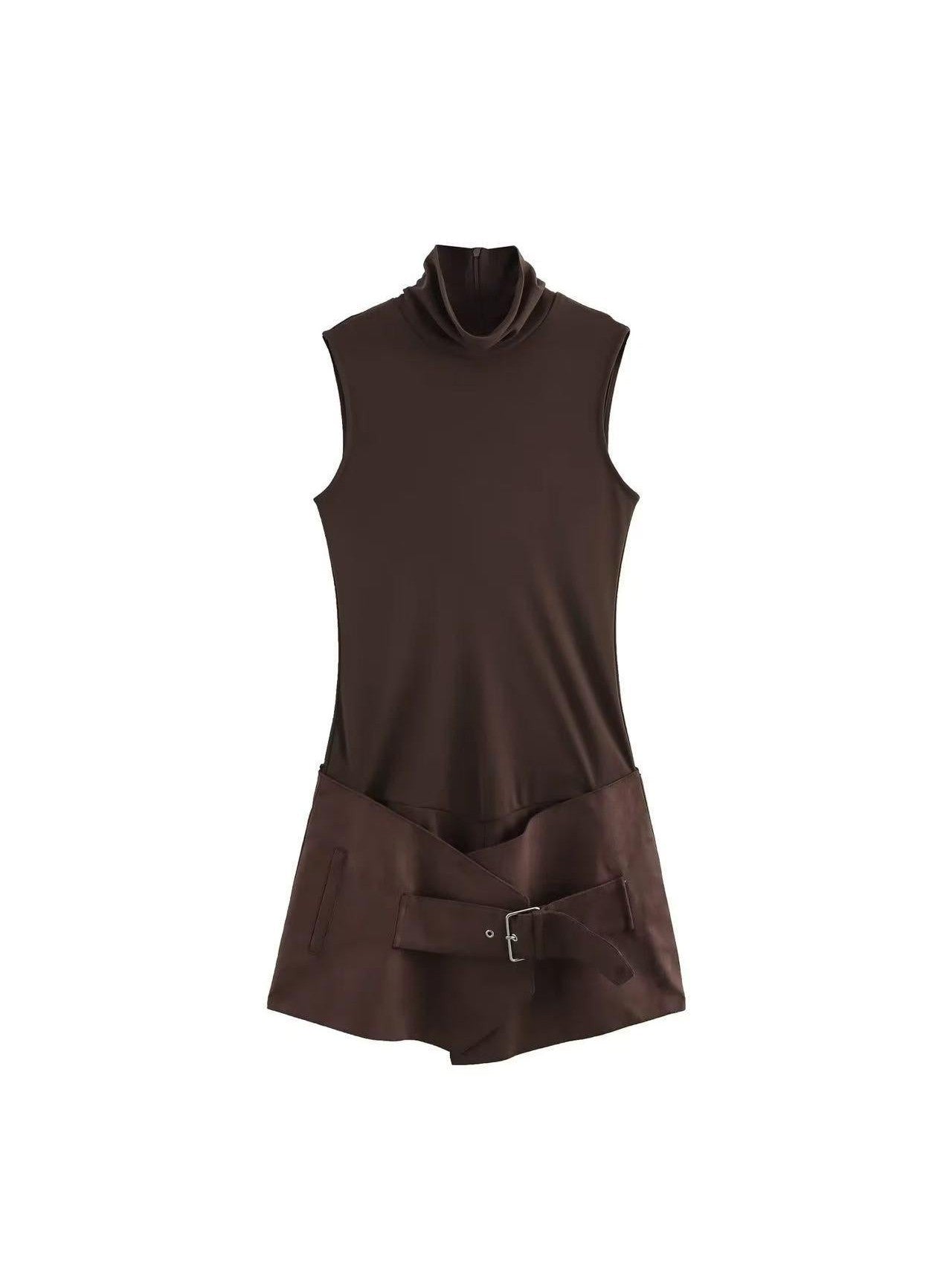 Suede High Neck Romper With Belt