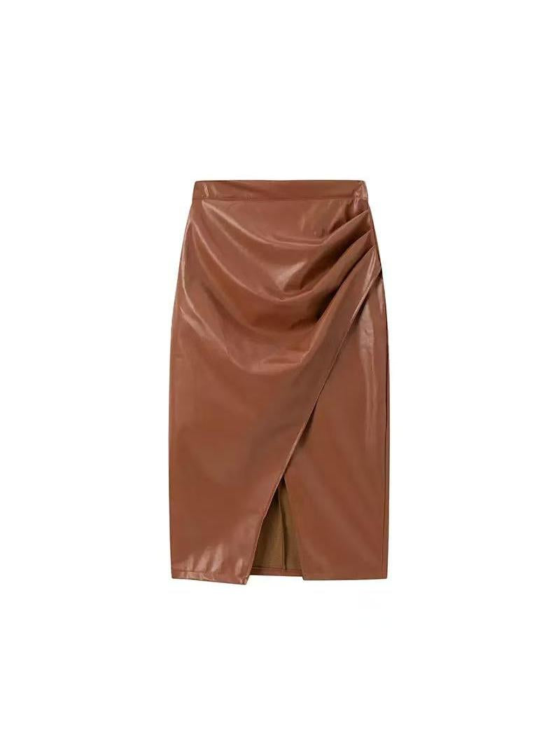 Cognac faux leather wrap midi skirt with a draped front panel and angled front slit.