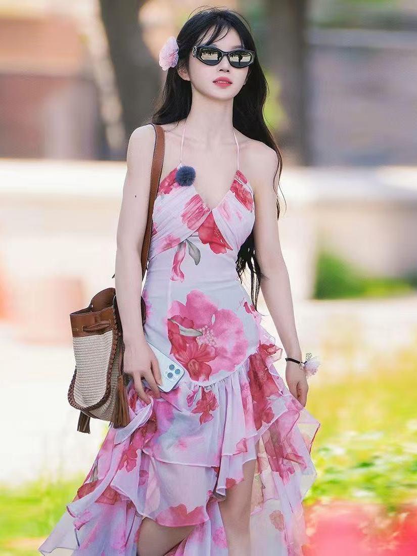 Rosabella Floral Ruffle Halter Maxi Dress by EXCLUSIVES, pink floral print