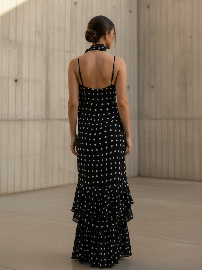 Polka-Dot Scarf Detail Maxi Dress