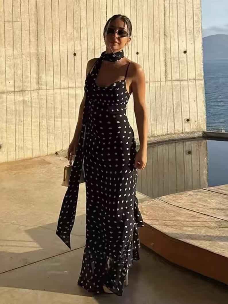 Polka-Dot Scarf Detail Maxi Dress