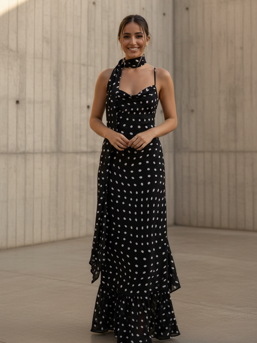 Polka-Dot Scarf Detail Maxi Dress