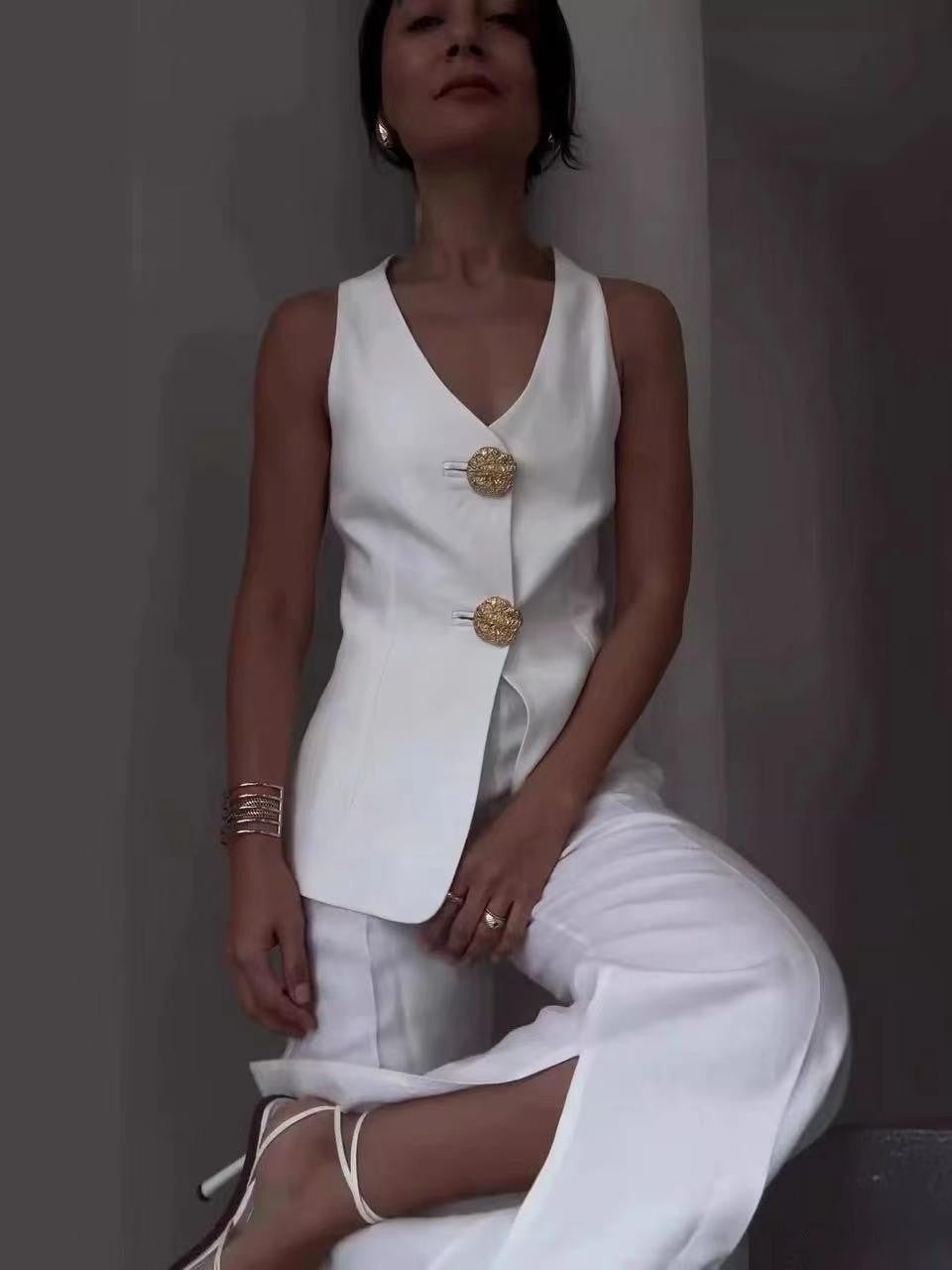 Shell Long Vest Waist Coat & Wide Leg Pant With Slit Coord Set