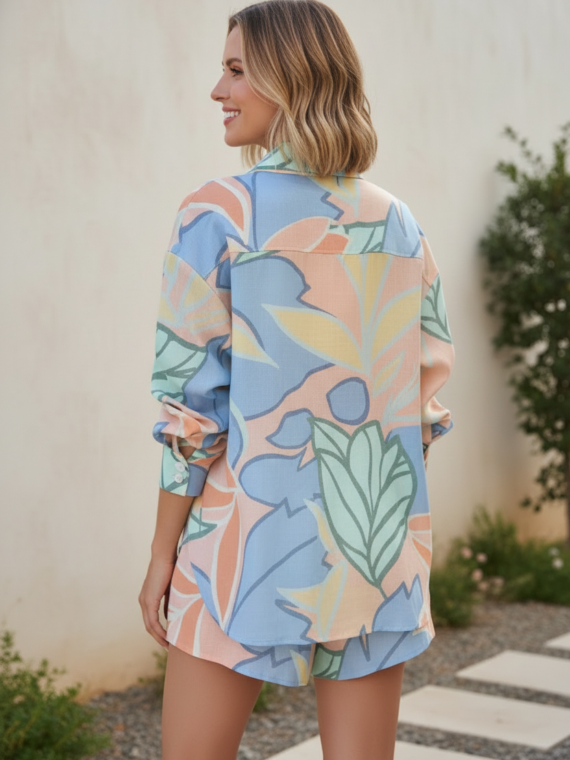 Exclusives tropical pastel oversized shirt and shorts 2-piece co-ord set in pastel blue, peach and green leaf print