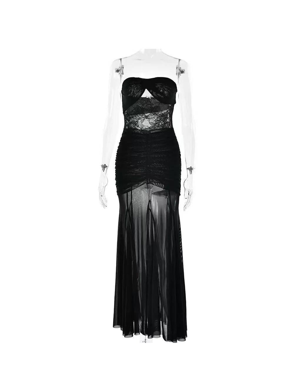 Sheer Ruched Strapless Maxi Dress
