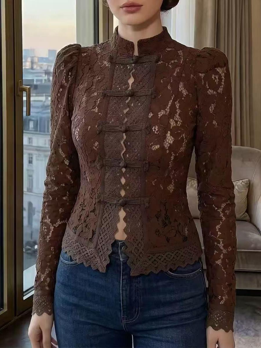 Victorian Lace High-Neck Blouse by Exclusives, brown lace top with scalloped hem and frog closures
