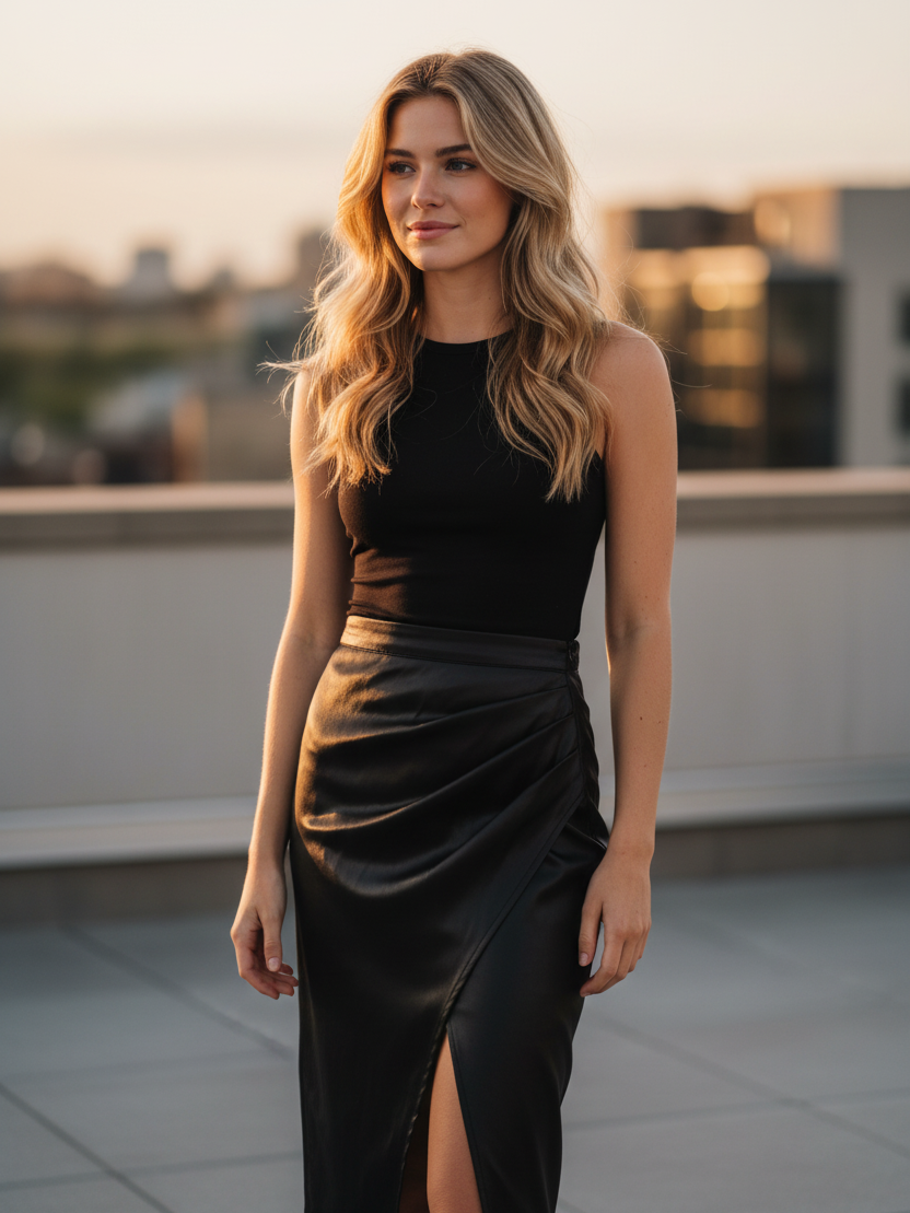 Blonde woman in a black sleeveless top wearing a draped faux leather wrap midi skirt with front slit on a rooftop at sunset.