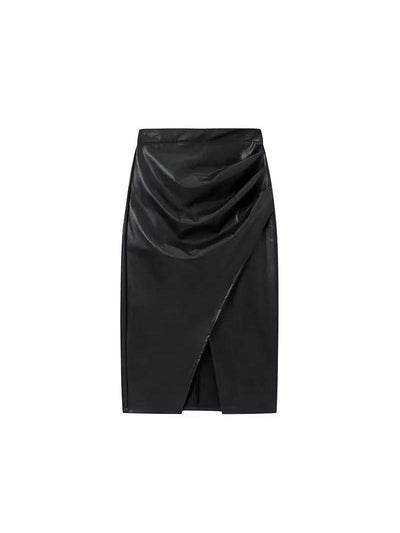 Black high-waisted faux-leather wrap midi skirt with draped front and front slit.