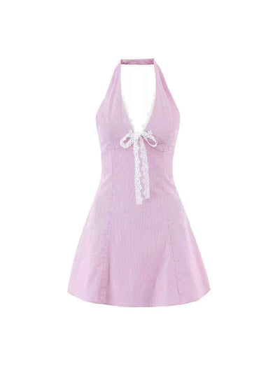Lace Trim Halter A-Line Mini Dress