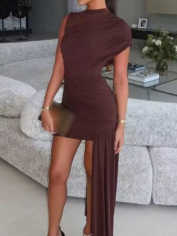 Wine ruched, asymmetric mini dress with a long draped panel on one side, worn by a model holding a clutch.