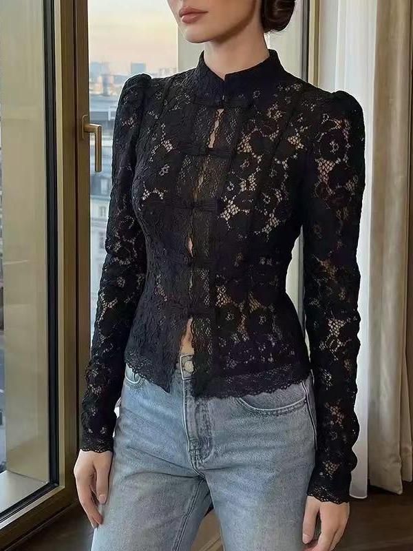 Victorian Lace High-Neck Blouse, black lace top with long sleeves and sheer floral pattern