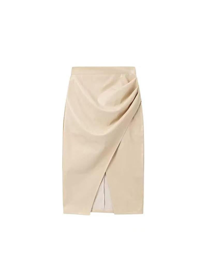 Beige faux leather wrap midi skirt with a draped front panel and a visible light lining at the front slit.