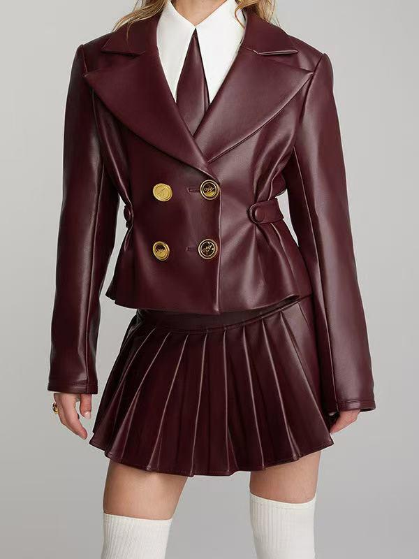 PU Leather Blazer & Short Pleated Skirt Coord Set