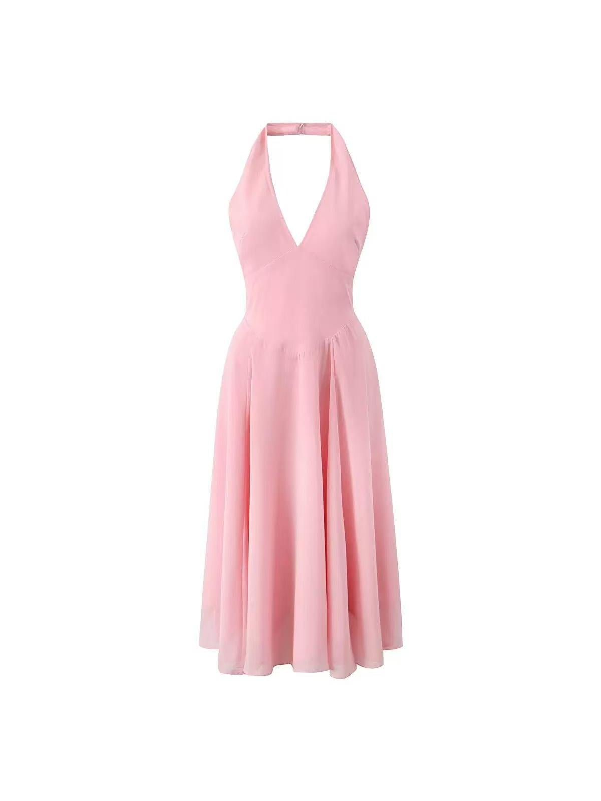 Pink halterneck Flare Midi Dress
