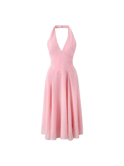 Pink halterneck Flare Midi Dress