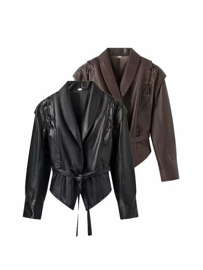 PU Leather Lace-up Lapel Collar Blazer Jacket