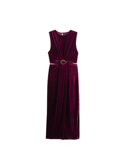 Velvet Sleeveless Cutout Buckle Midi Dress