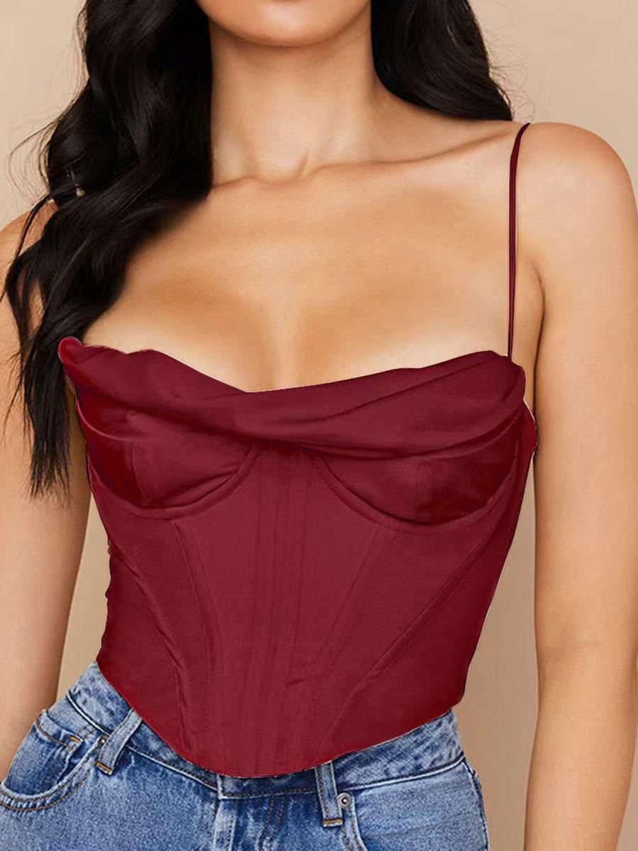 Pile Collar Satin Pleated Boning Corset Camisole Top