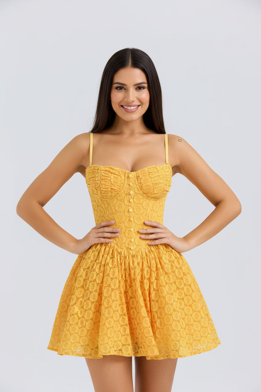 Bright yellow lace fit-and-flare short dress with boned corset bodice, thin straps, button front, and floral skirt