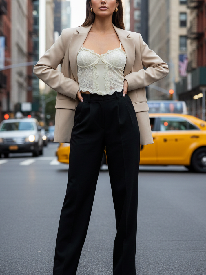 Soft Bloom Scallop Lace Cami Top by Exclusives, cream lace camisole styled with a blazer