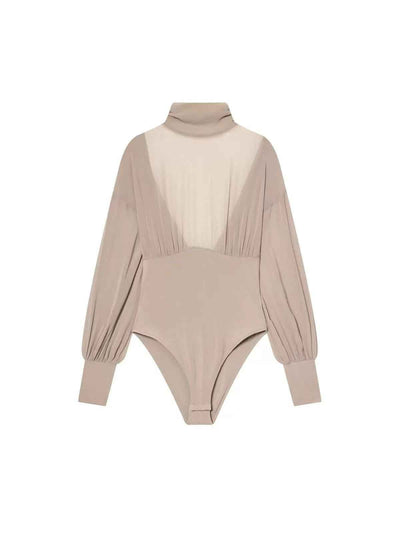 Sheer Yoke Draped Sleeve Bodysuit