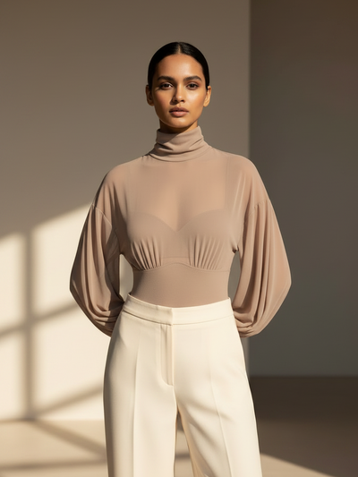 Sheer Yoke Draped Sleeve Bodysuit beige by Exclusives, flattering silhouette