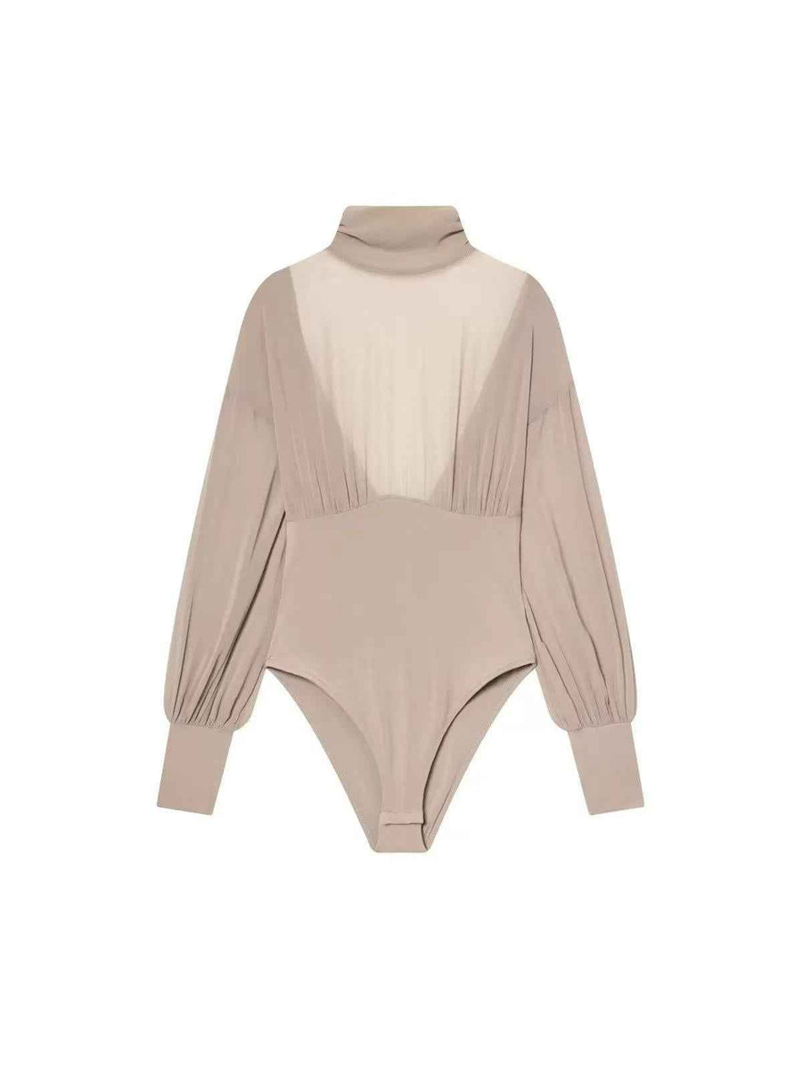 Sheer Yoke Draped Sleeve Bodysuit