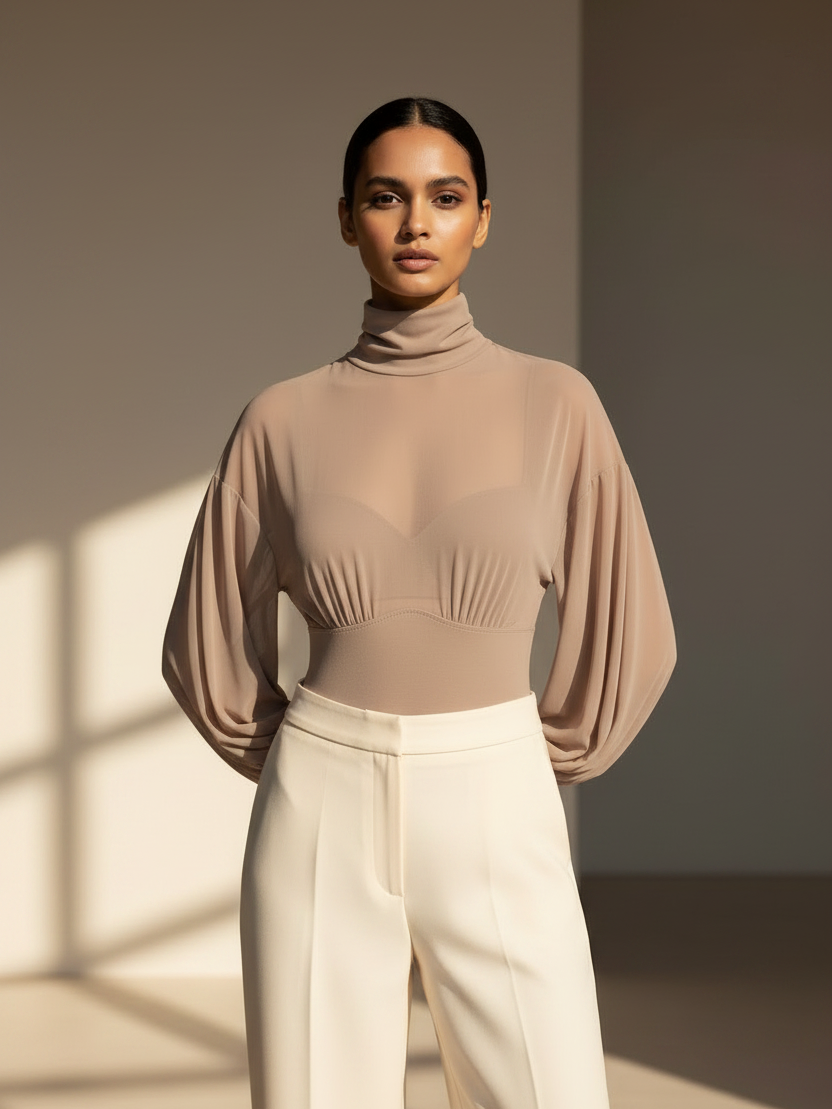 Sheer Yoke Draped Sleeve Bodysuit beige by Exclusives, flattering silhouette