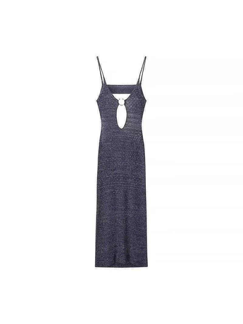 Dark navy knitted maxi dress with thin spaghetti straps and a backless cutout framed by a circular ring.
