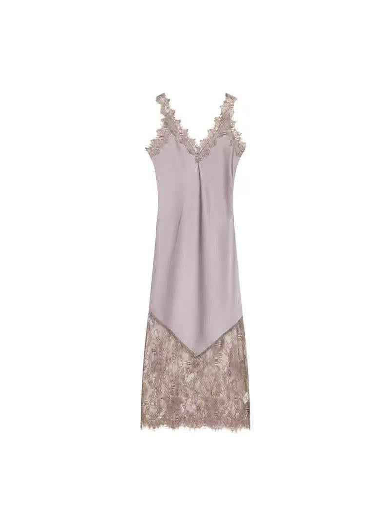 Lace Trim Asymmetrical Slip Midi Dress