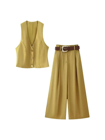 Mustard Yellow Vest Top & Wide Leg Pants with Belt Coord Set