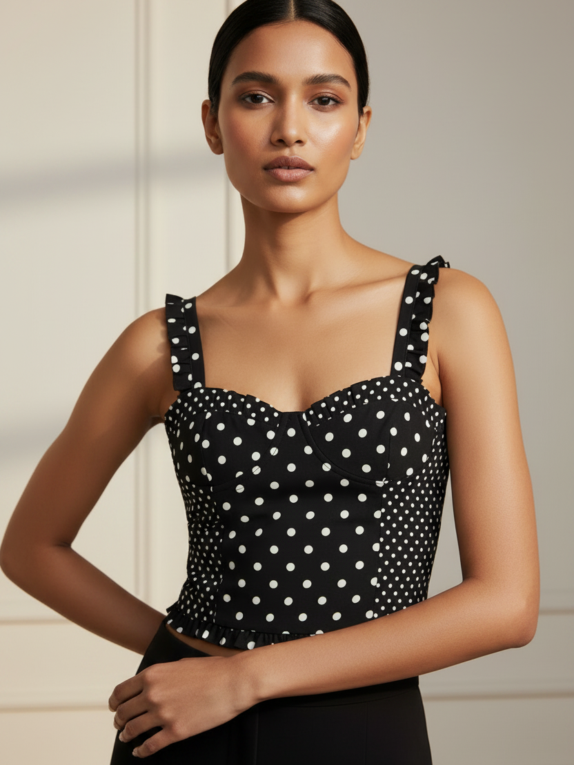 Retro Spot Ruffle Bustier Top, black polka-dot corset-style top with wide straps.