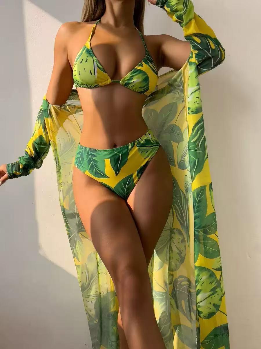 3 Piece Mesh Print Green Bikini Swimsuit with Coverup