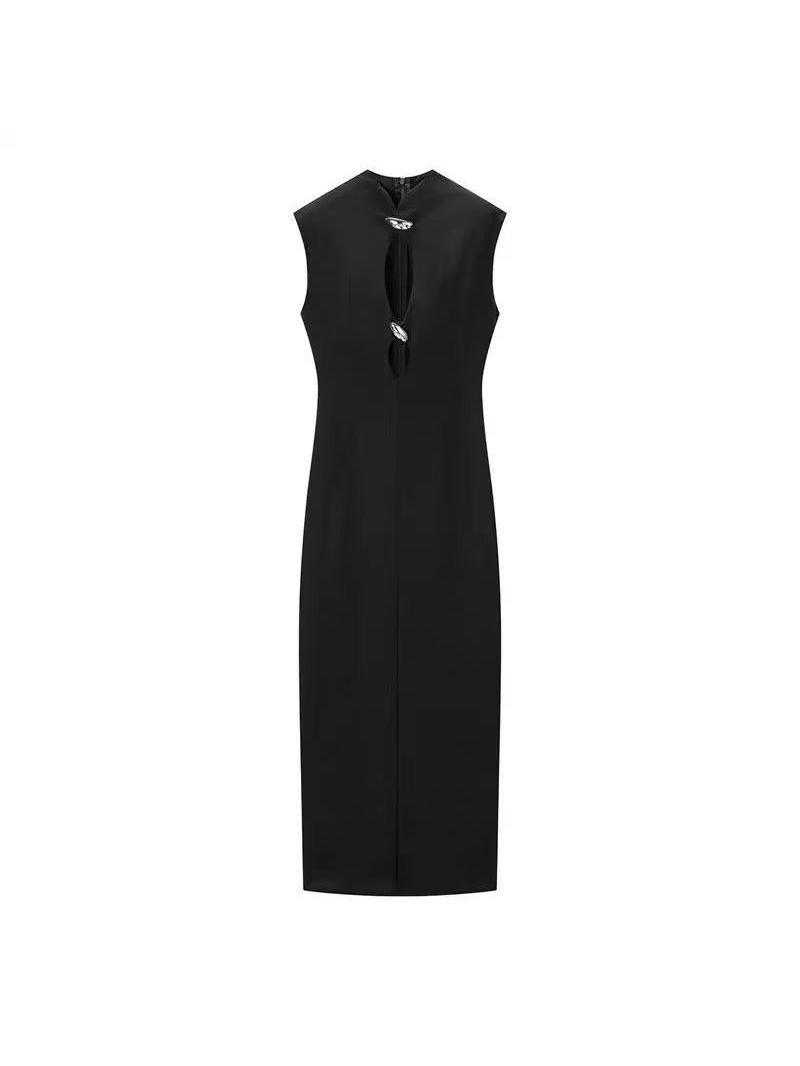 Crystal Clasp Cutout Column Midi Dress, black sleeveless gown with crystal accents along front cutout.