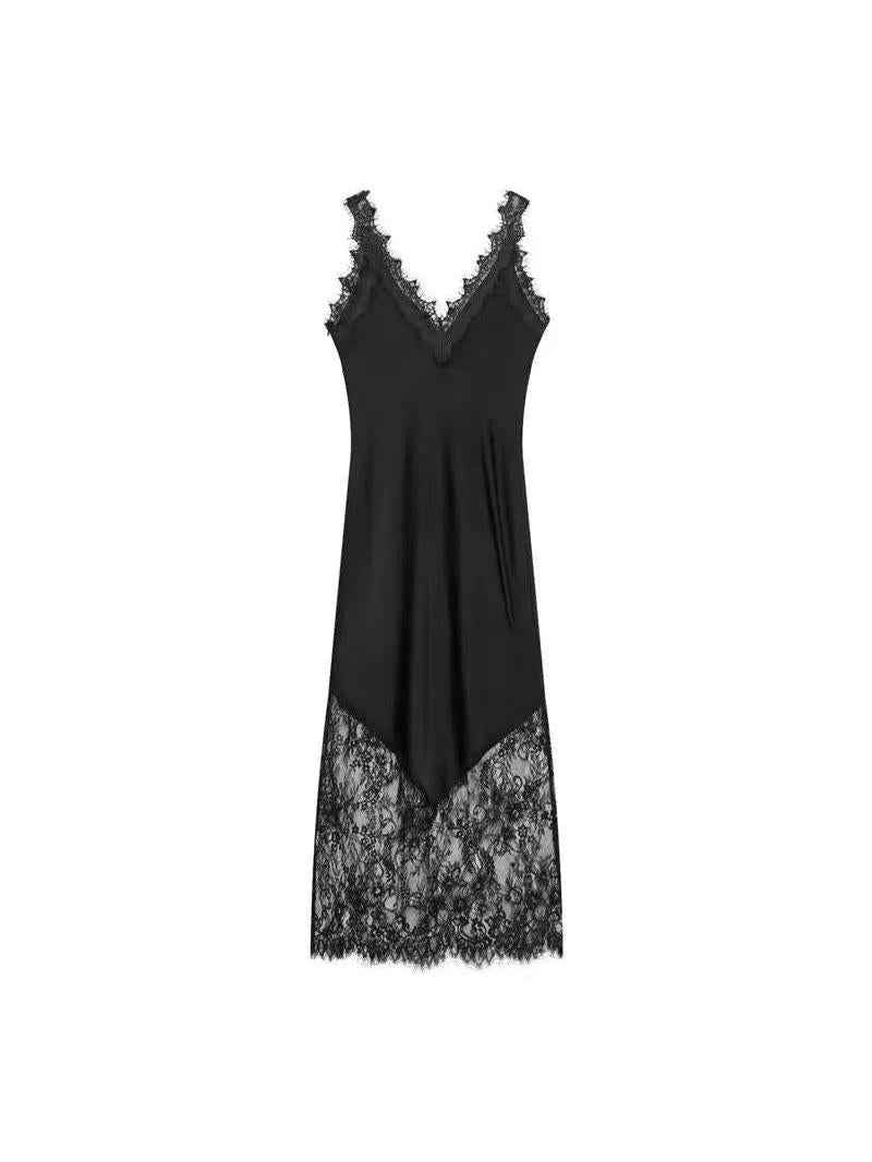 Lace Trim Asymmetrical Slip Midi Dress