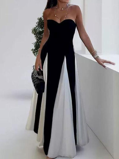 Monochrome Strapless Tube Flared Maxi Dress
