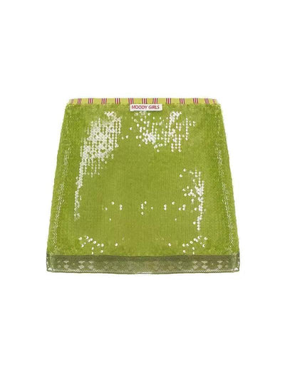 Lime-green sequin mini skirt with a lace-trimmed hem and striped waistband; Moody Girls label at the center.