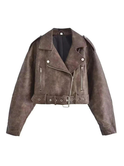 Brown distressed PU leather cropped biker jacket with wide lapels, diagonal front zipper, zip pockets, and belted waist.