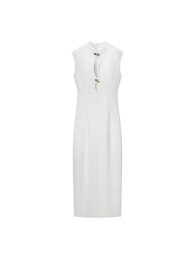 Crystal Clasp Cutout Column Midi Dress by Exclusives, white sleeveless dress on sale