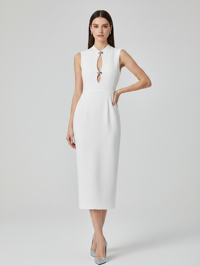 Crystal Clasp Cutout Column Midi Dress by Exclusives; white sleeveless midi with front crystal clasps