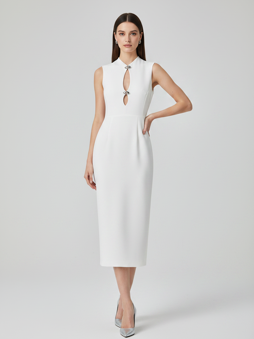 Crystal Clasp Cutout Column Midi Dress by Exclusives; white sleeveless midi with front crystal clasps