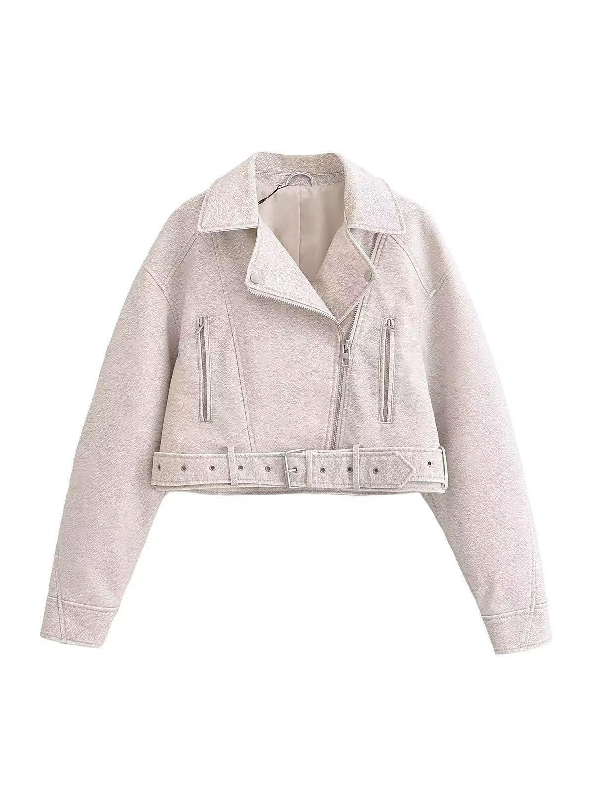 PU Leather Lapel Collar Crop Jacket With Belt
