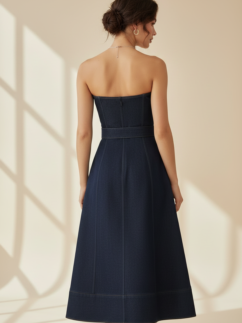 blue large belt denim tube dress Blue Large Belt Denim Tube Dress | Shuhua - (G)I-DLE