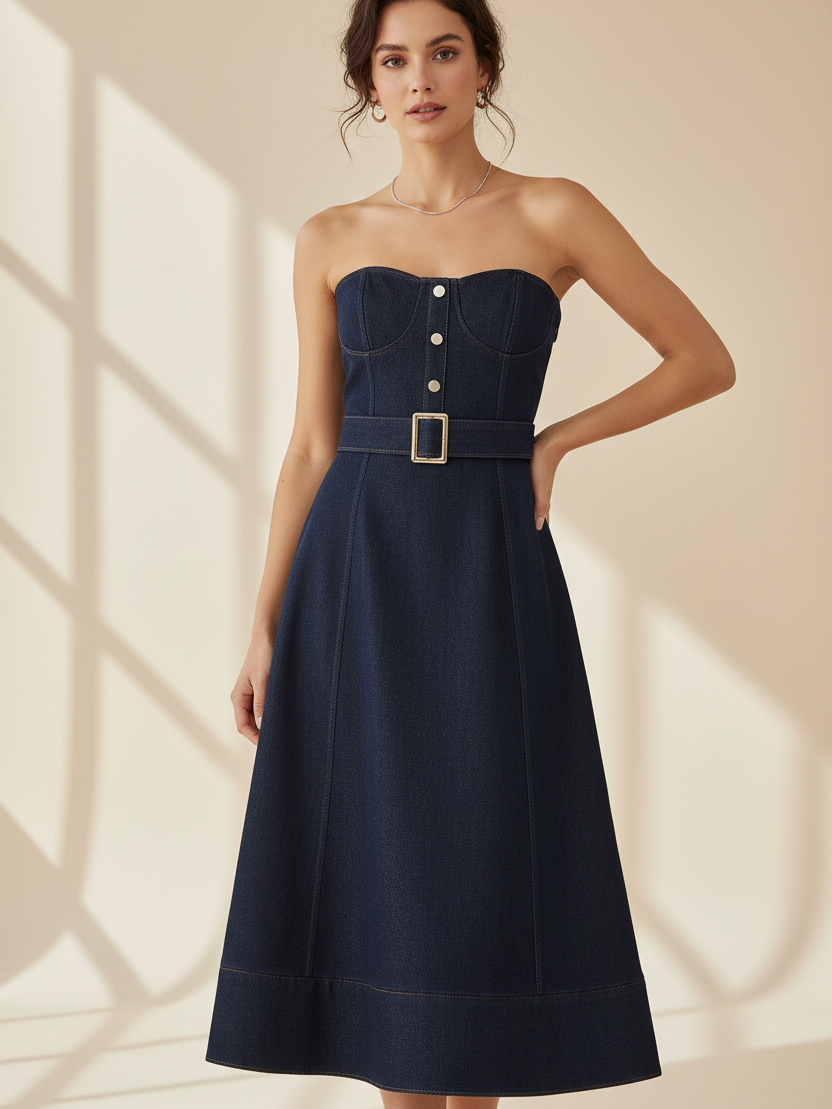 Strapless Denim Tube Dress with Belt
